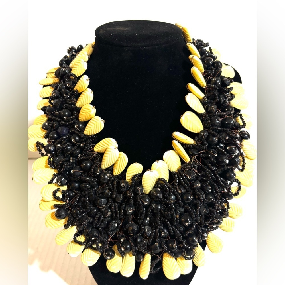 Statement Black and Yellow Beaded Collar Necklace - Women Jewelry